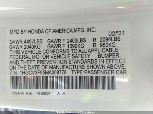 Photo 8 VIN: 1HGCV3F95MA008778 - HONDA ACCORD HYBRID 