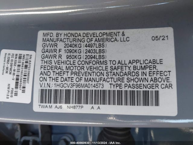 Photo 8 VIN: 1HGCV3F96MA014573 - HONDA ACCORD 