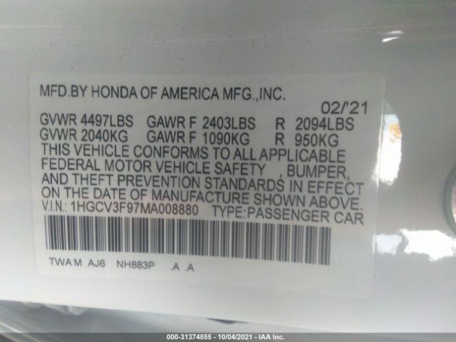 Photo 8 VIN: 1HGCV3F97MA008880 - HONDA ACCORD HYBRID 