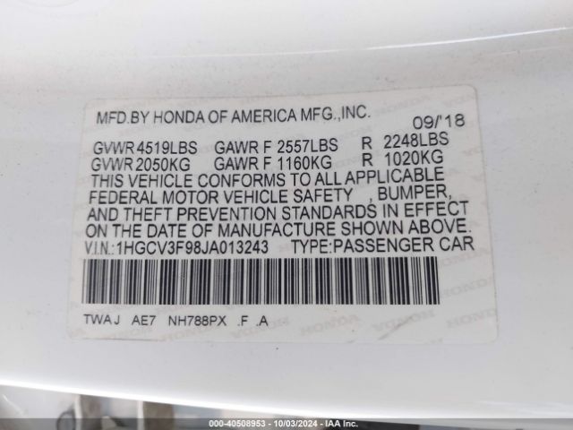 Photo 8 VIN: 1HGCV3F98JA013243 - HONDA ACCORD 