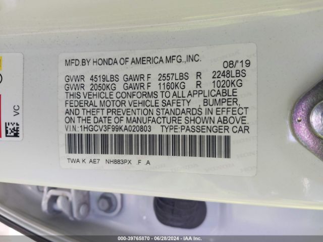 Photo 8 VIN: 1HGCV3F99KA020803 - HONDA ACCORD 