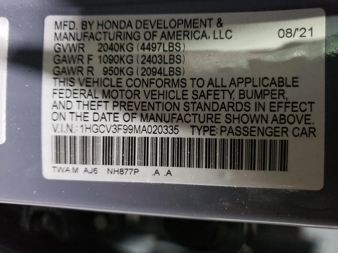 Photo 11 VIN: 1HGCV3F99MA020335 - HONDA ACCORD 