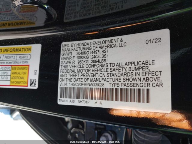 Photo 8 VIN: 1HGCV3F99NA009028 - HONDA ACCORD 