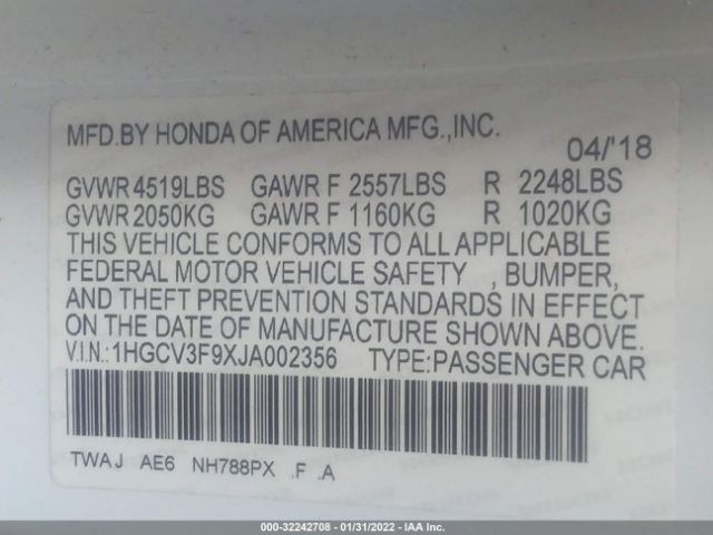 Photo 8 VIN: 1HGCV3F9XJA002356 - HONDA ACCORD HYBRID 