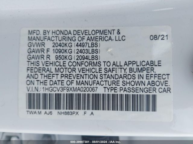 Photo 8 VIN: 1HGCV3F9XMA020067 - HONDA ACCORD 