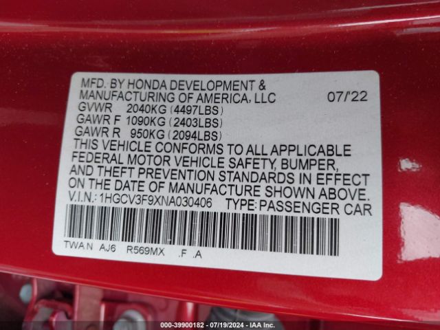 Photo 8 VIN: 1HGCV3F9XNA030406 - HONDA ACCORD 