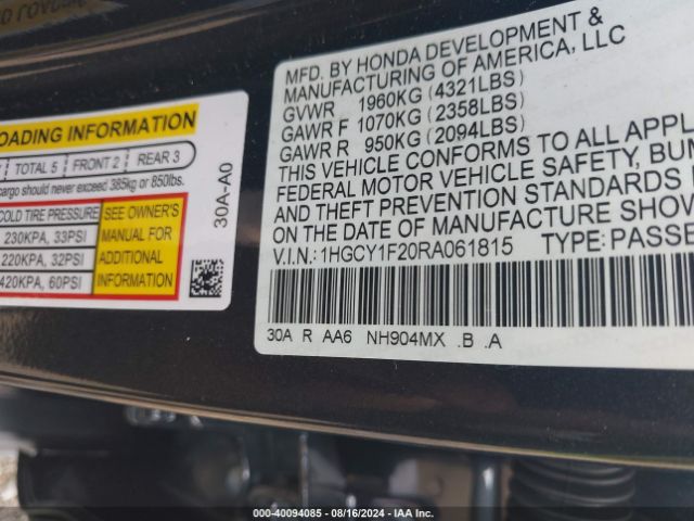 Photo 8 VIN: 1HGCY1F20RA061815 - HONDA ACCORD 