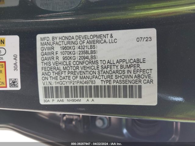 Photo 8 VIN: 1HGCY1F21PA049783 - HONDA ACCORD 