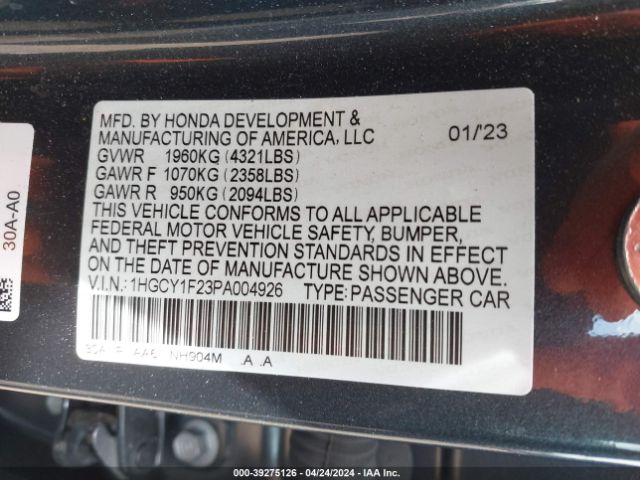 Photo 8 VIN: 1HGCY1F23PA004926 - HONDA ACCORD 