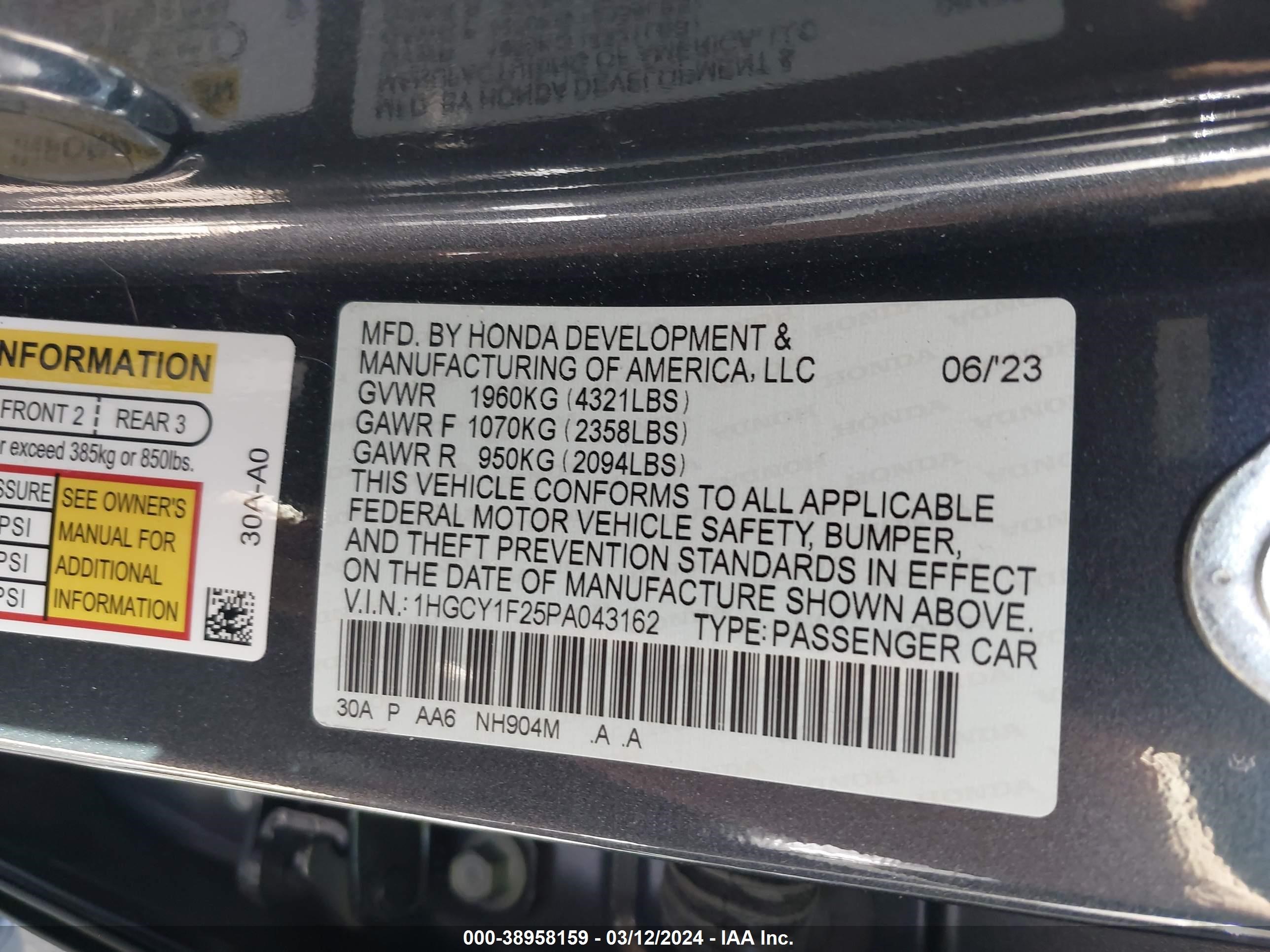 Photo 8 VIN: 1HGCY1F25PA043162 - HONDA ACCORD 