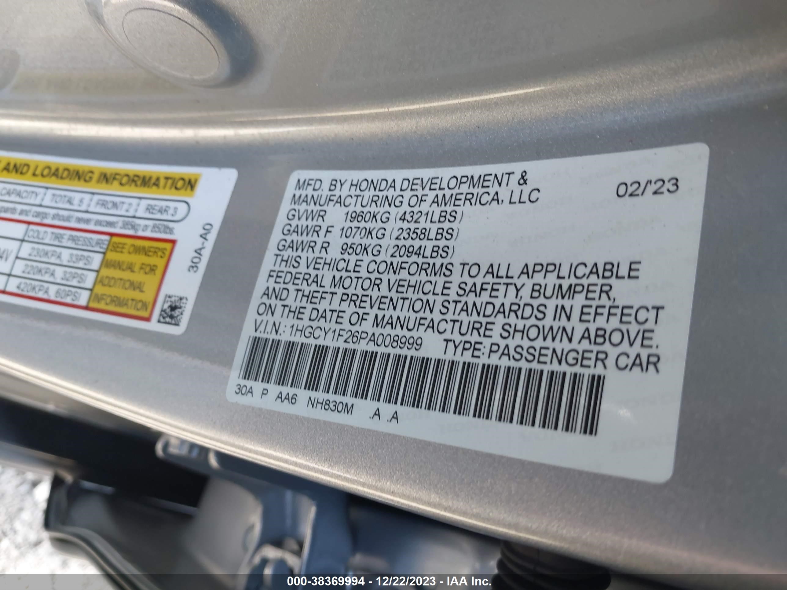 Photo 8 VIN: 1HGCY1F26PA008999 - HONDA ACCORD 