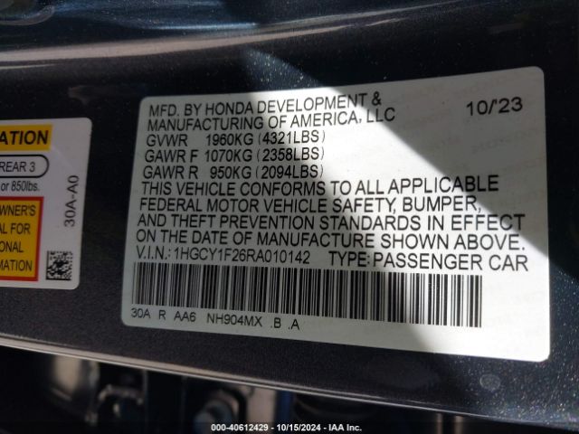 Photo 8 VIN: 1HGCY1F26RA010142 - HONDA ACCORD 