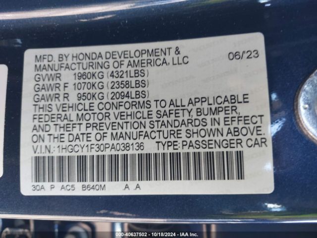 Photo 8 VIN: 1HGCY1F30PA038136 - HONDA ACCORD 