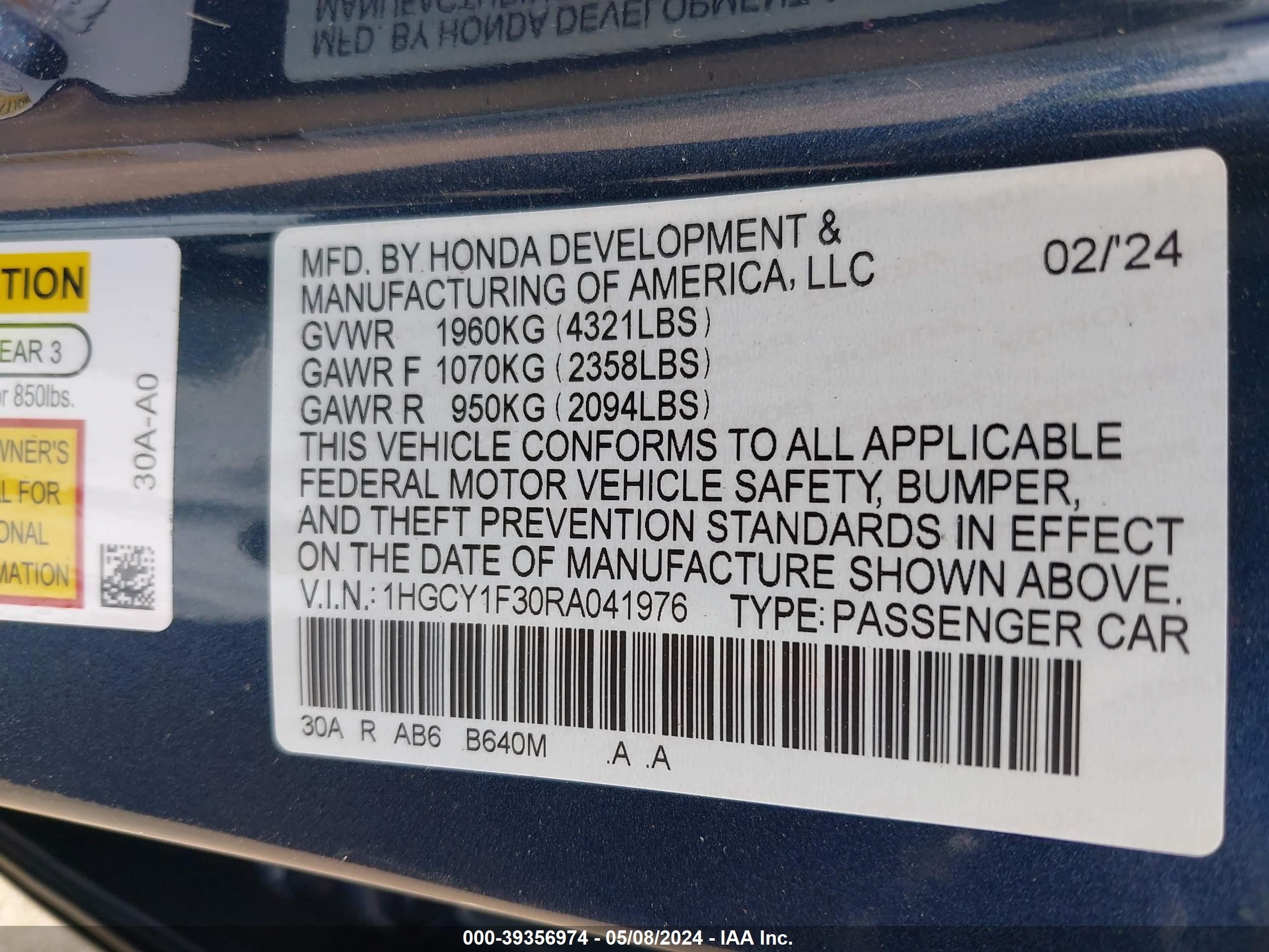 Photo 8 VIN: 1HGCY1F30RA041976 - HONDA ACCORD 