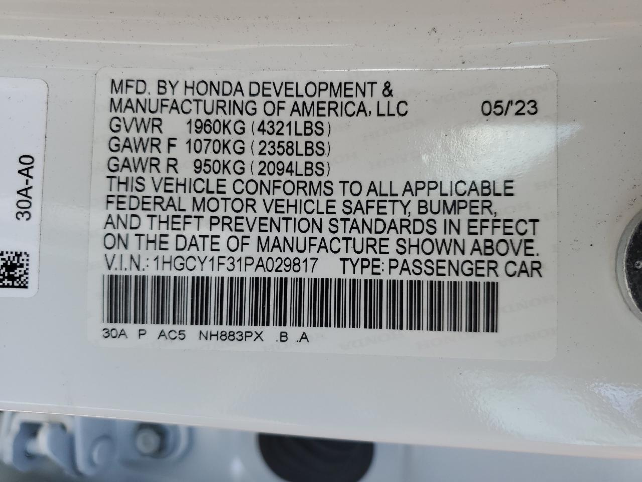 Photo 11 VIN: 1HGCY1F31PA029817 - HONDA ACCORD 