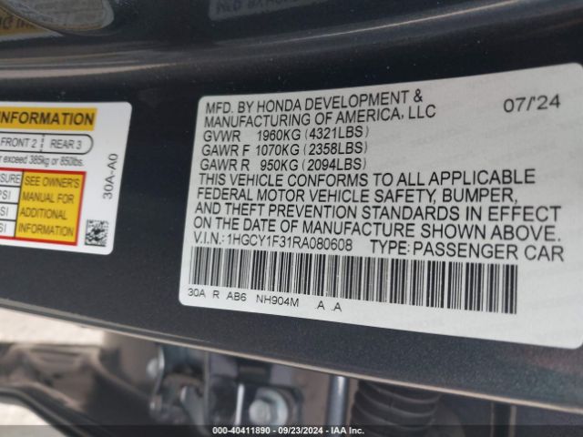 Photo 8 VIN: 1HGCY1F31RA080608 - HONDA ACCORD 