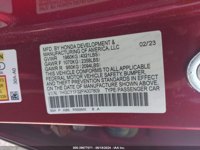 Photo 8 VIN: 1HGCY1F32PA007809 - HONDA ACCORD 