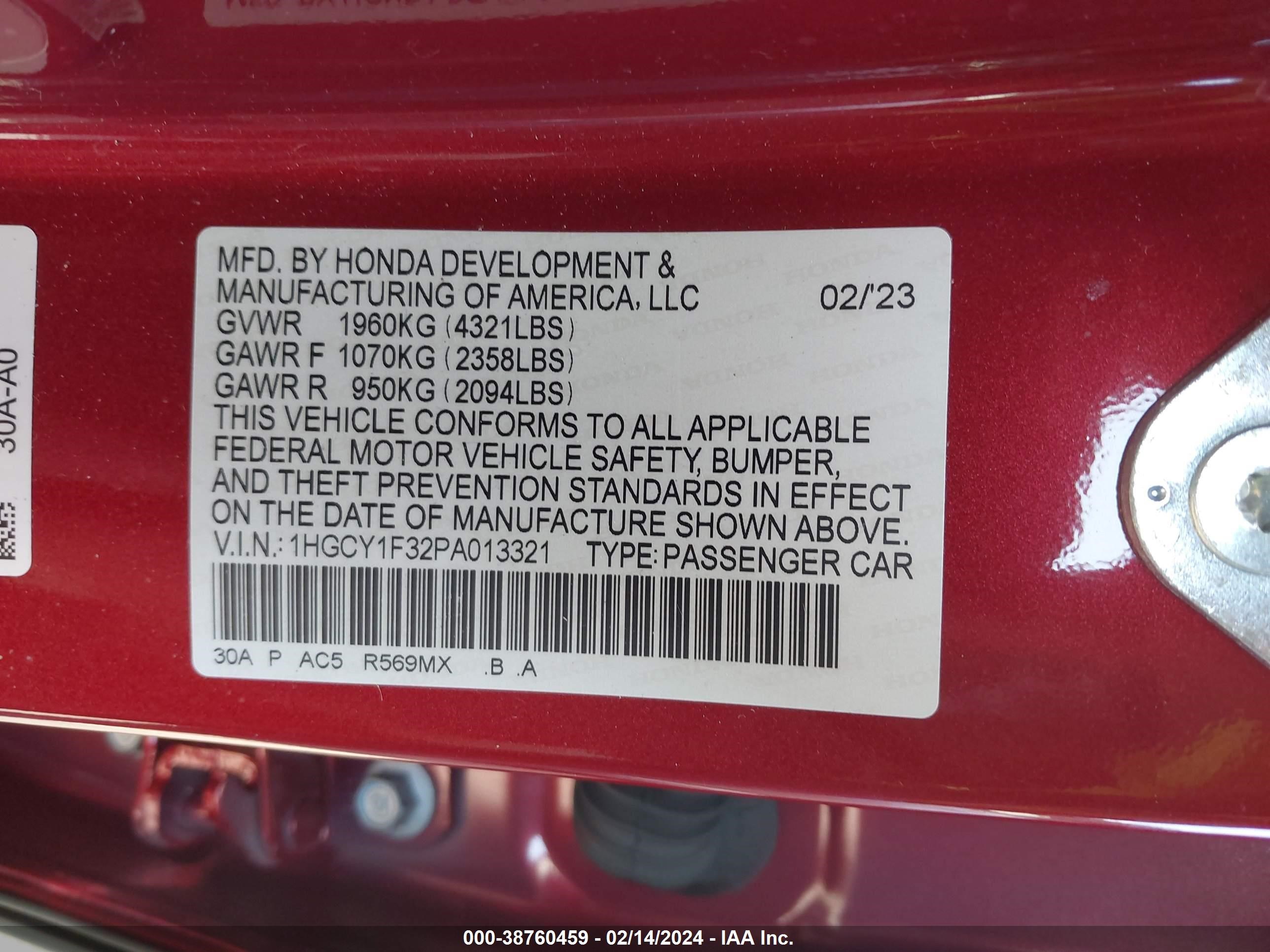 Photo 8 VIN: 1HGCY1F32PA013321 - HONDA ACCORD 