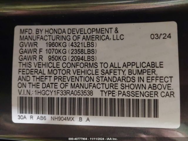 Photo 8 VIN: 1HGCY1F33RA053538 - HONDA ACCORD 