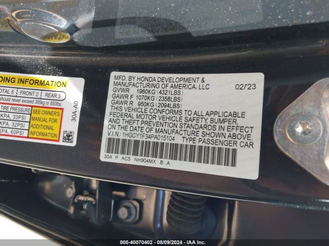 Photo 8 VIN: 1HGCY1F34PA015104 - HONDA ACCORD 