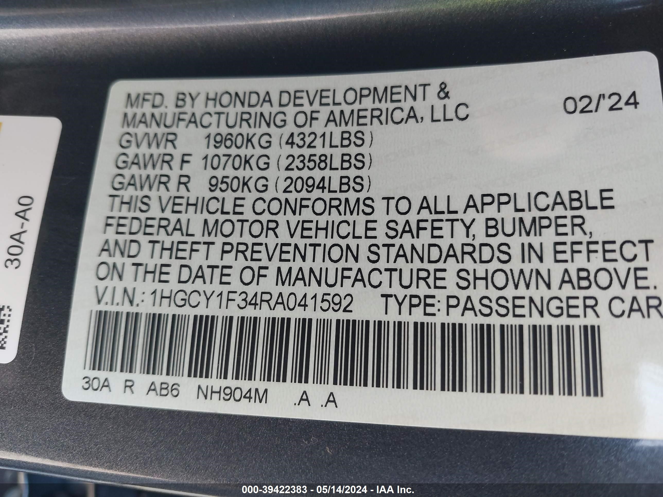 Photo 8 VIN: 1HGCY1F34RA041592 - HONDA ACCORD 