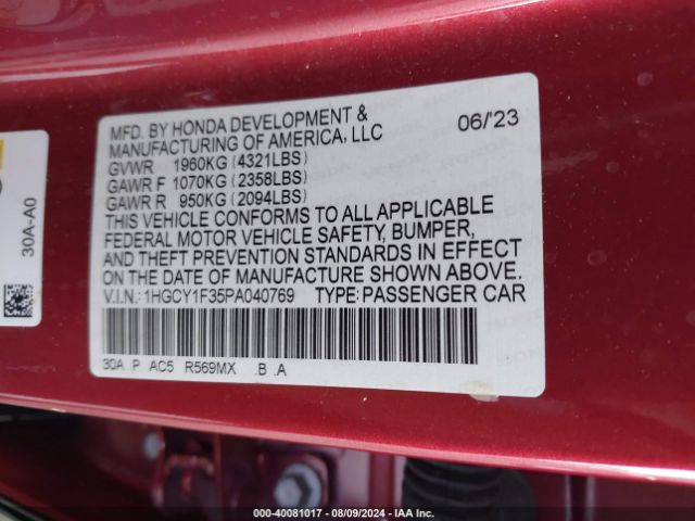 Photo 8 VIN: 1HGCY1F35PA040769 - HONDA ACCORD 