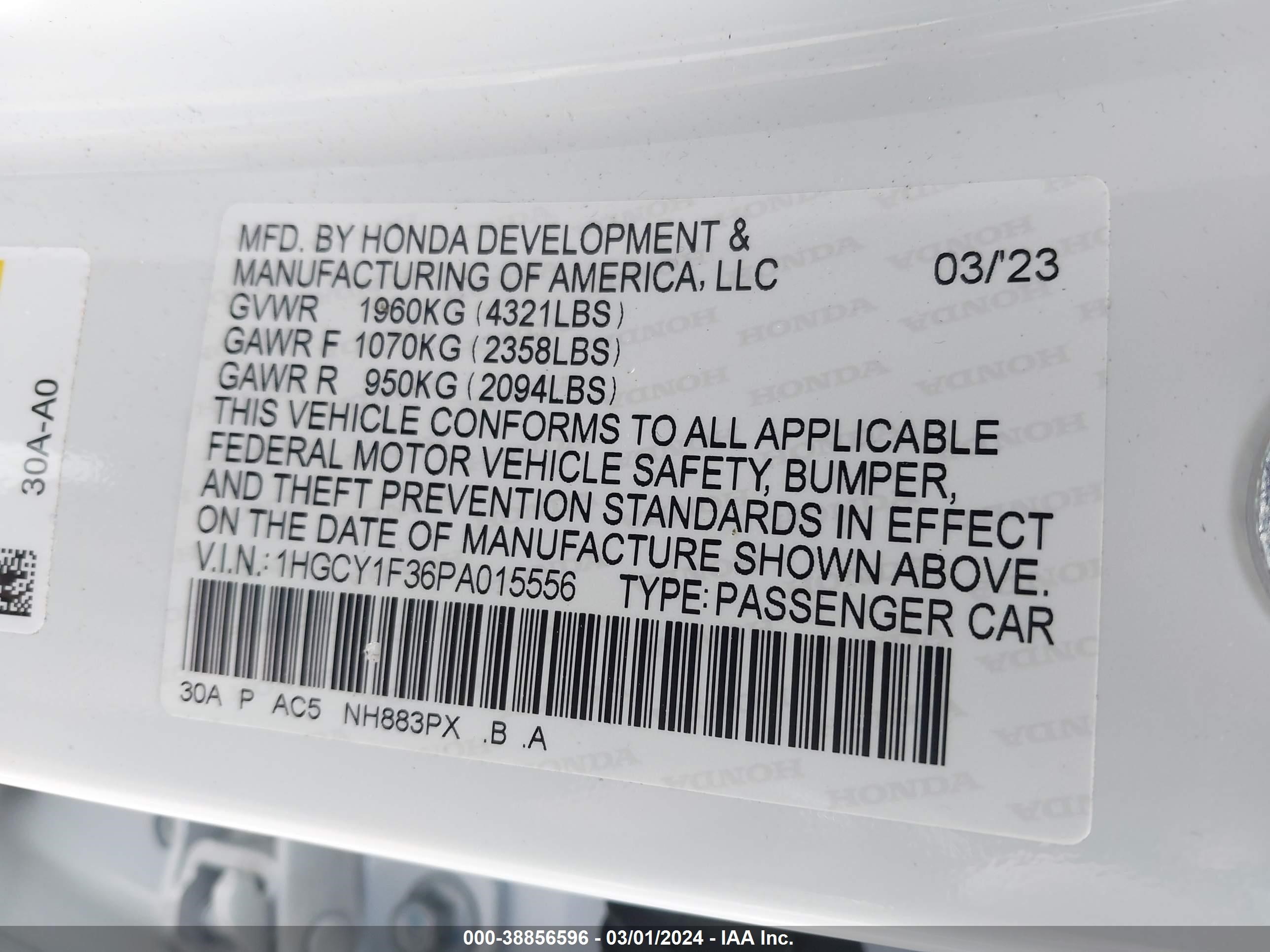 Photo 8 VIN: 1HGCY1F36PA015556 - HONDA ACCORD 