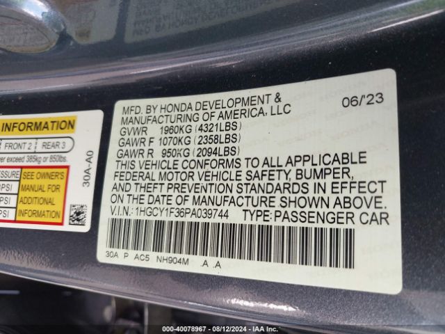 Photo 8 VIN: 1HGCY1F36PA039744 - HONDA ACCORD 