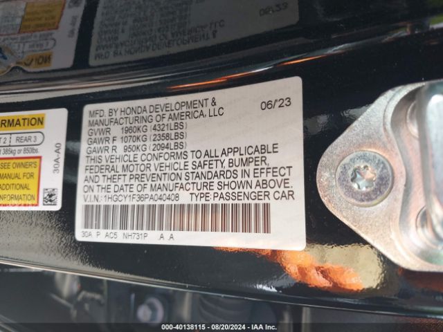 Photo 8 VIN: 1HGCY1F36PA040408 - HONDA ACCORD 