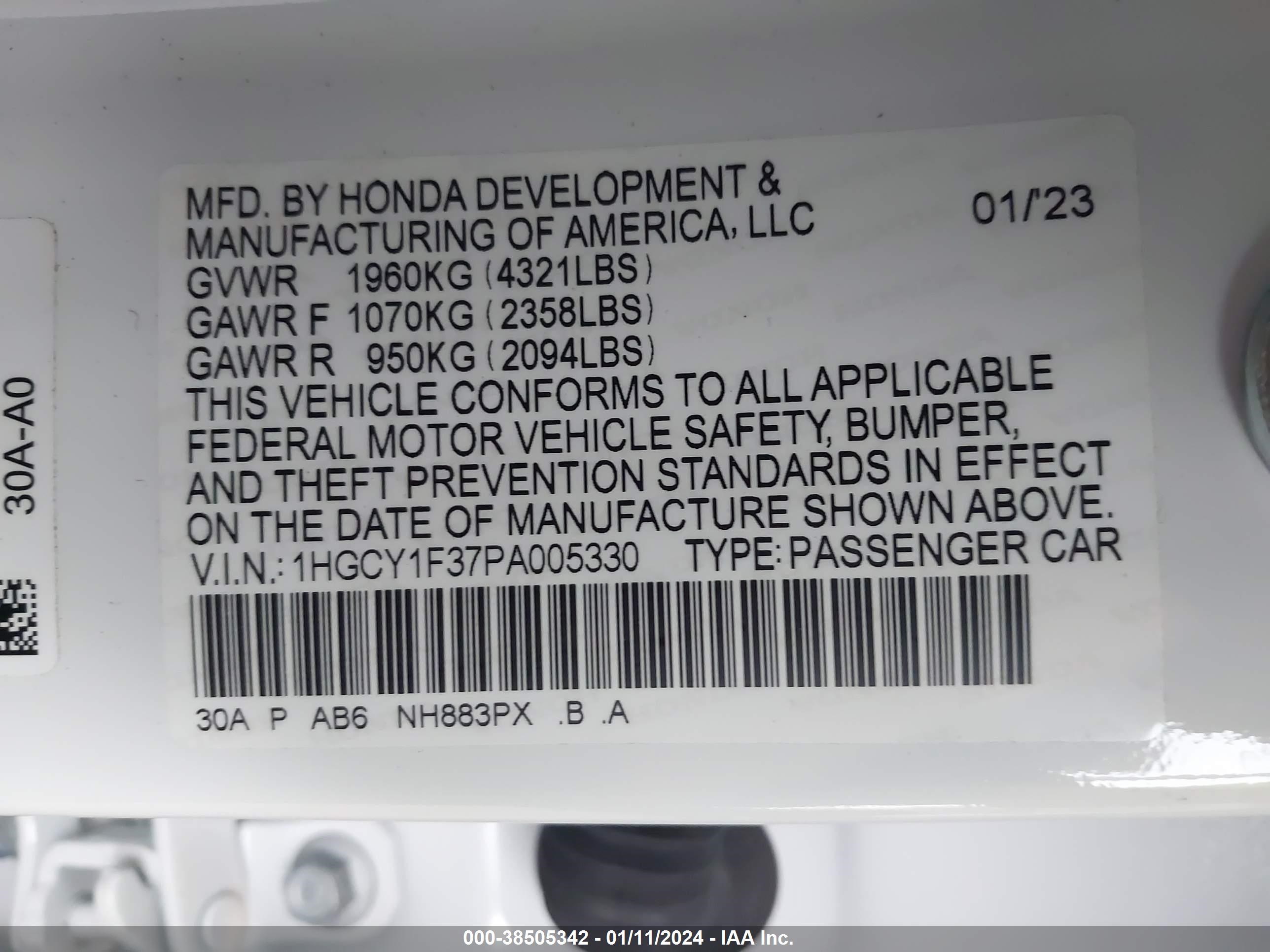 Photo 8 VIN: 1HGCY1F37PA005330 - HONDA ACCORD 