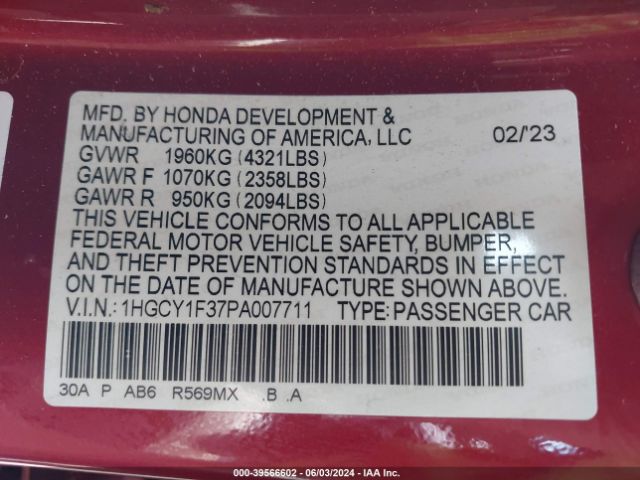 Photo 8 VIN: 1HGCY1F37PA007711 - HONDA ACCORD 