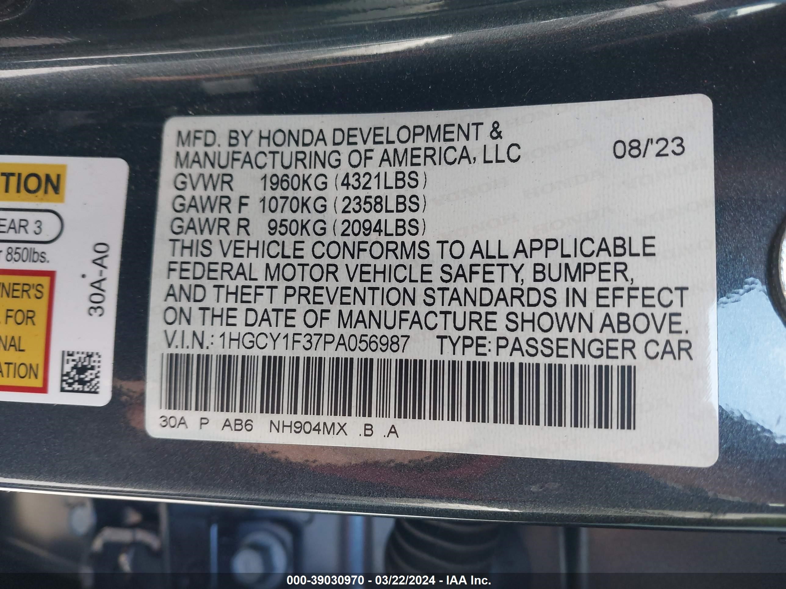 Photo 8 VIN: 1HGCY1F37PA056987 - HONDA ACCORD 