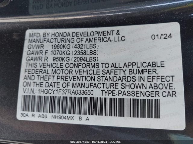 Photo 8 VIN: 1HGCY1F37RA033650 - HONDA ACCORD 