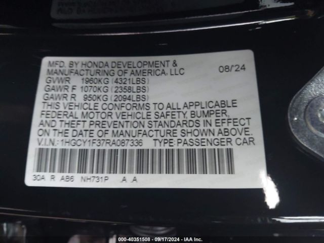 Photo 8 VIN: 1HGCY1F37RA087336 - HONDA ACCORD 