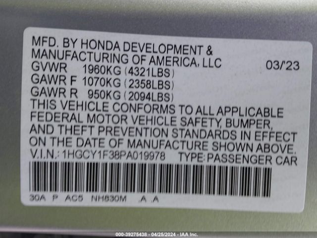 Photo 8 VIN: 1HGCY1F38PA019978 - HONDA ACCORD 