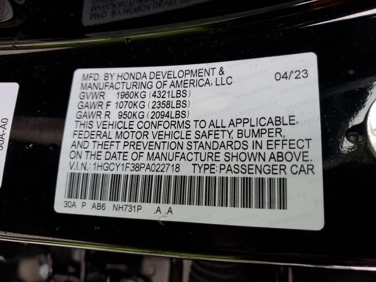 Photo 11 VIN: 1HGCY1F38PA022718 - HONDA ACCORD 