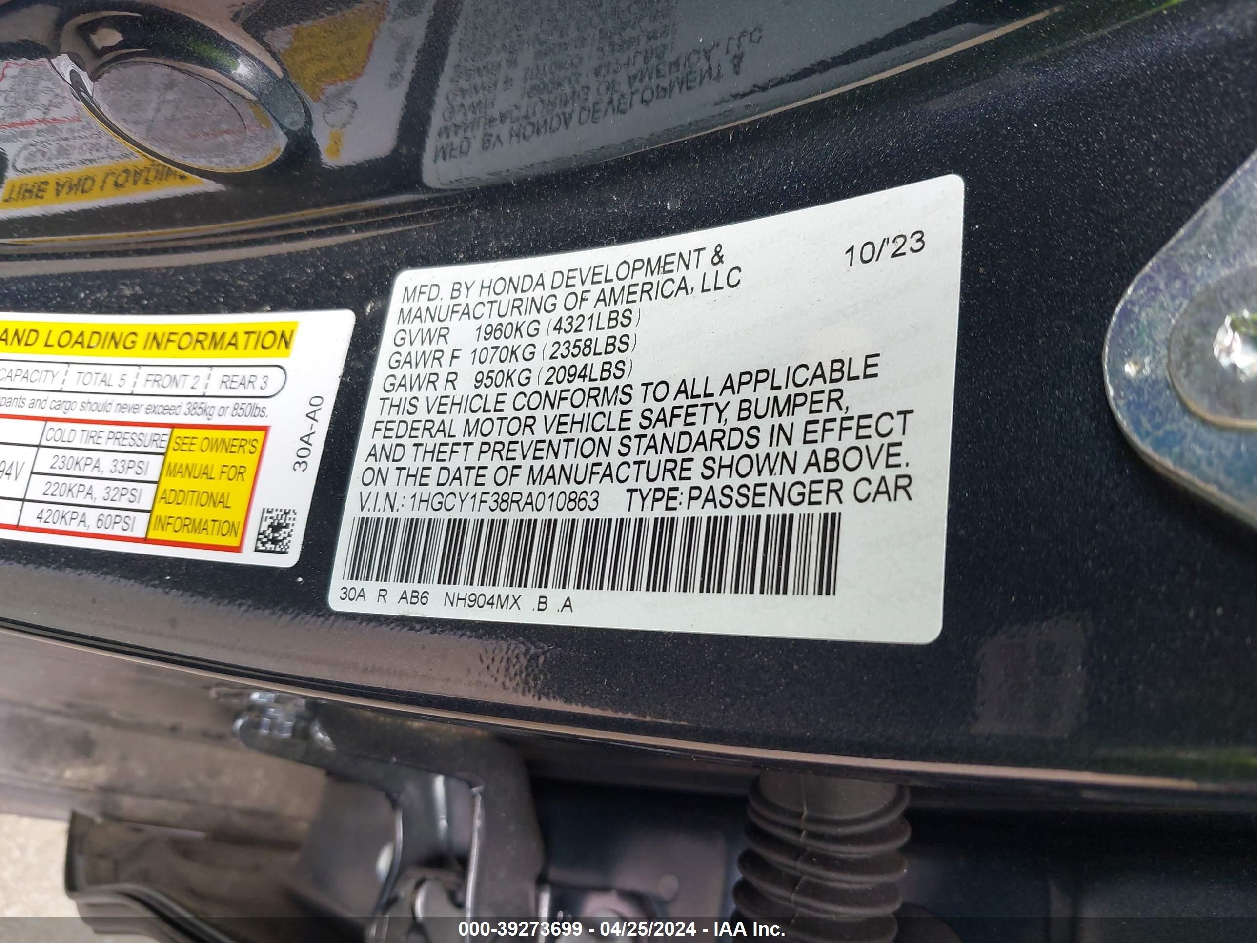 Photo 8 VIN: 1HGCY1F38RA010863 - HONDA ACCORD 