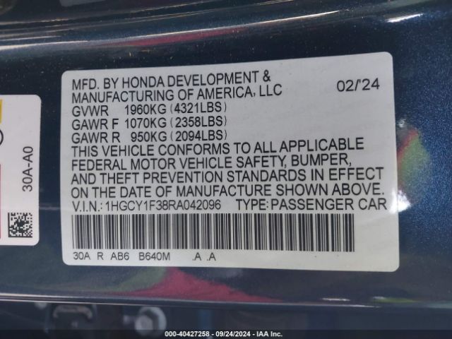 Photo 8 VIN: 1HGCY1F38RA042096 - HONDA ACCORD 