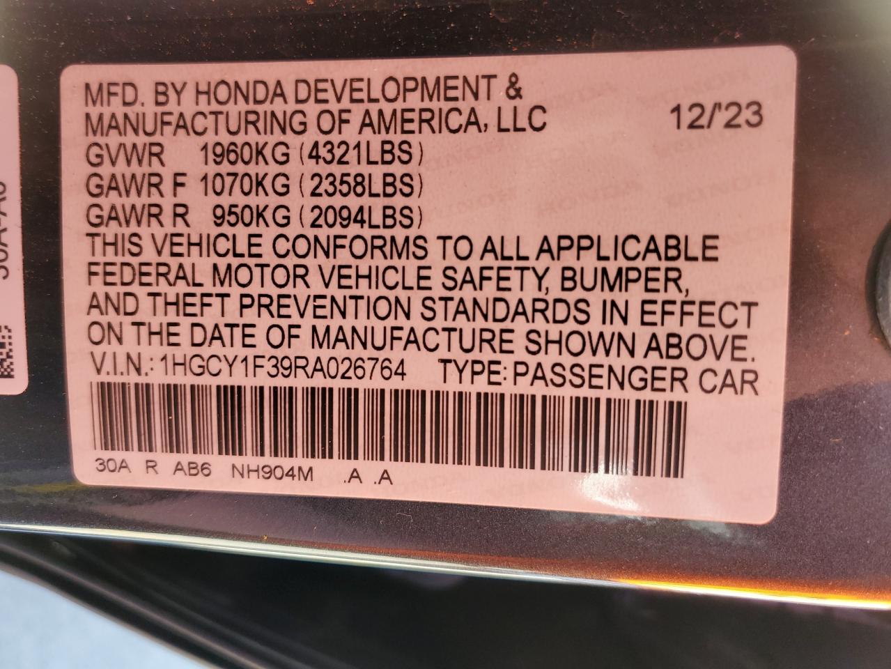 Photo 11 VIN: 1HGCY1F39RA026764 - HONDA ACCORD 