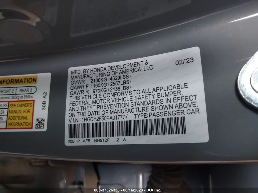 Photo 8 VIN: 1HGCY2F50PA017777 - HONDA ACCORD 