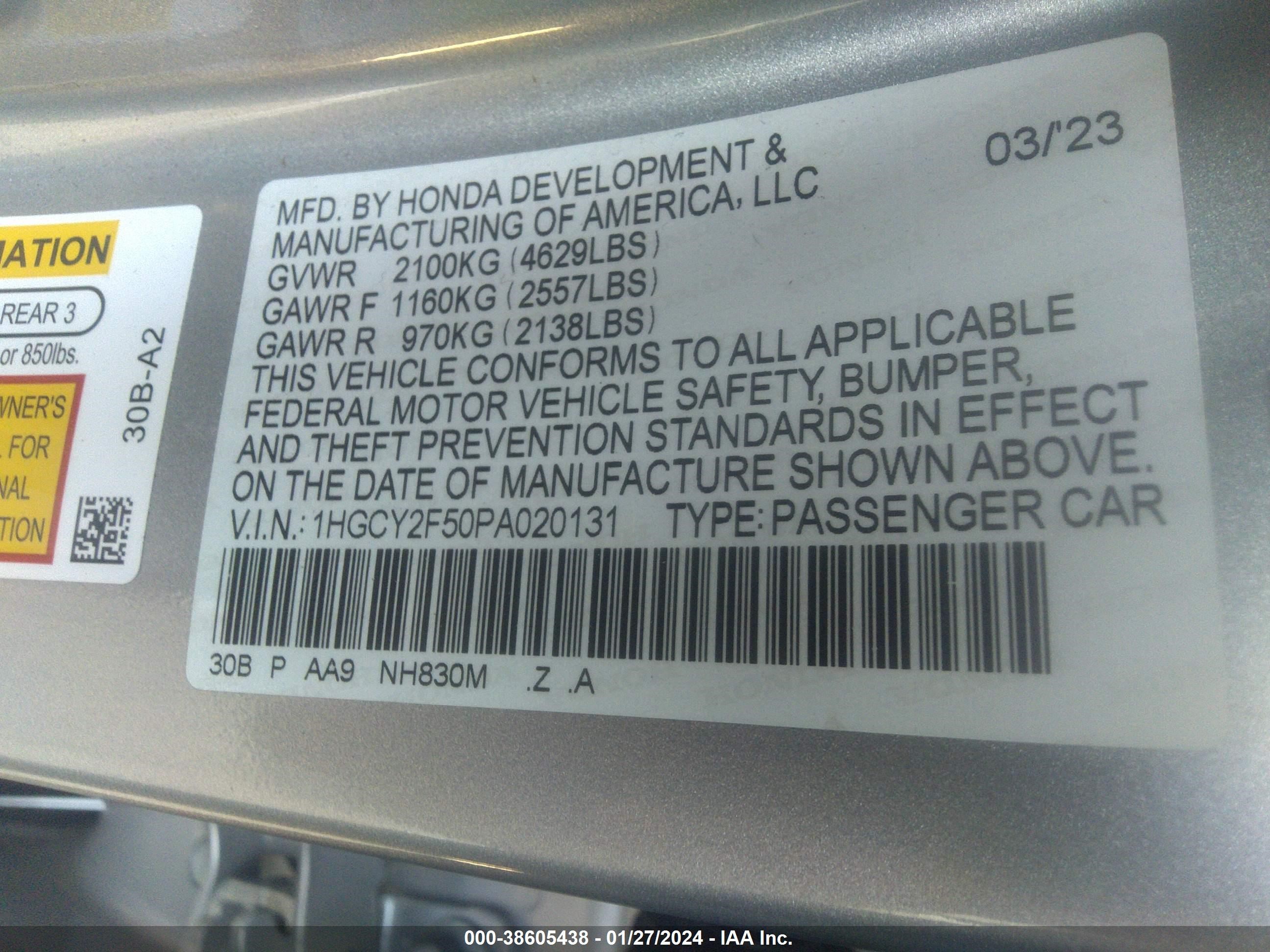 Photo 8 VIN: 1HGCY2F50PA020131 - HONDA ACCORD 