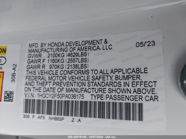 Photo 8 VIN: 1HGCY2F50PA038175 - HONDA ACCORD 