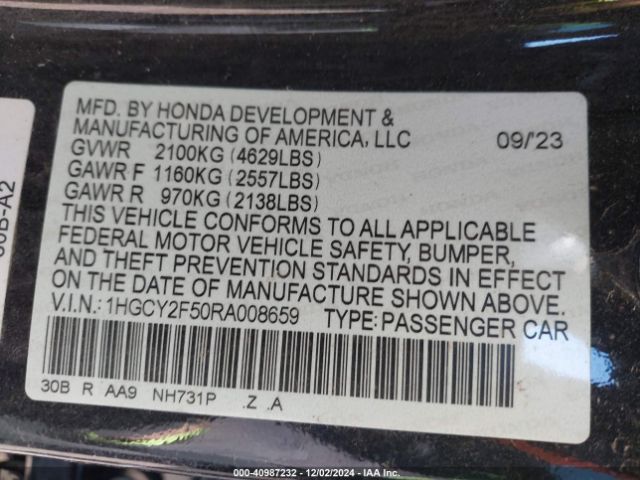 Photo 8 VIN: 1HGCY2F50RA008659 - HONDA ACCORD 