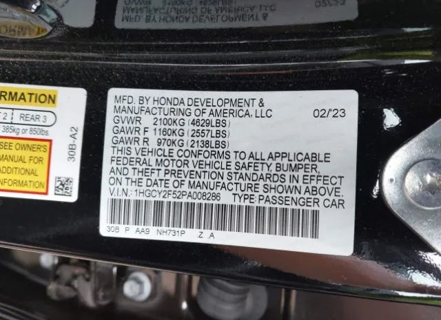 Photo 8 VIN: 1HGCY2F52PA008286 - HONDA ACCORD 