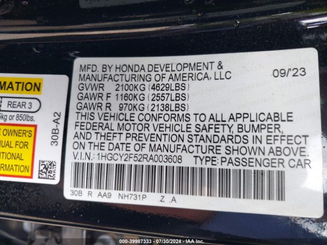 Photo 8 VIN: 1HGCY2F52RA003608 - HONDA ACCORD 