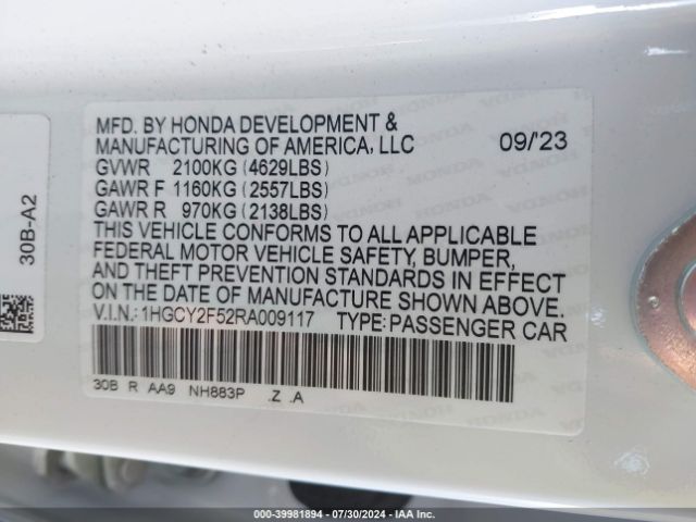 Photo 8 VIN: 1HGCY2F52RA009117 - HONDA ACCORD 