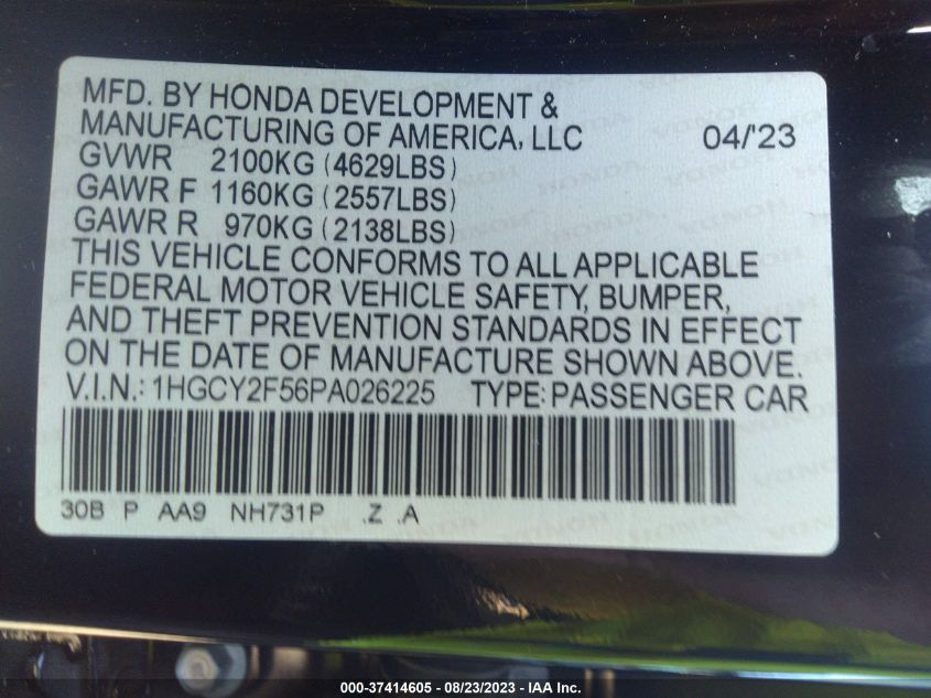 Photo 8 VIN: 1HGCY2F56PA026225 - HONDA ACCORD 