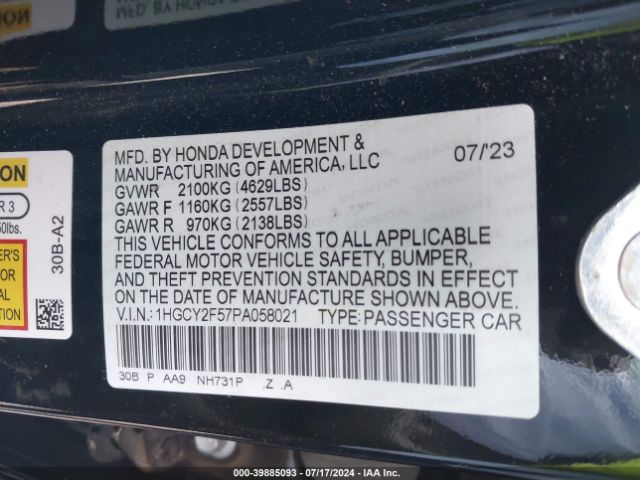 Photo 8 VIN: 1HGCY2F57PA058021 - HONDA ACCORD 