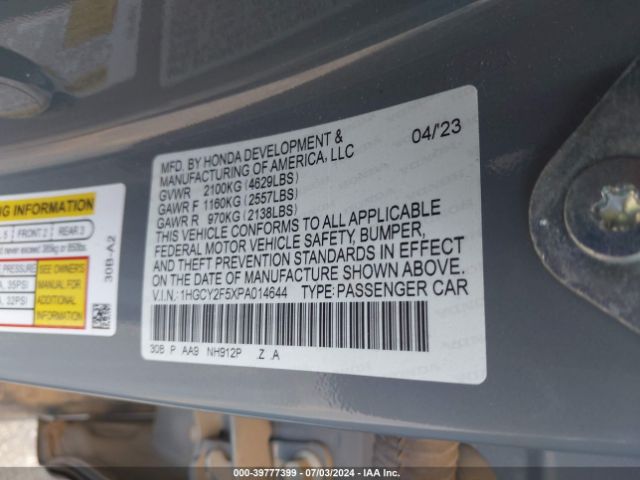 Photo 8 VIN: 1HGCY2F5XPA014644 - HONDA ACCORD 