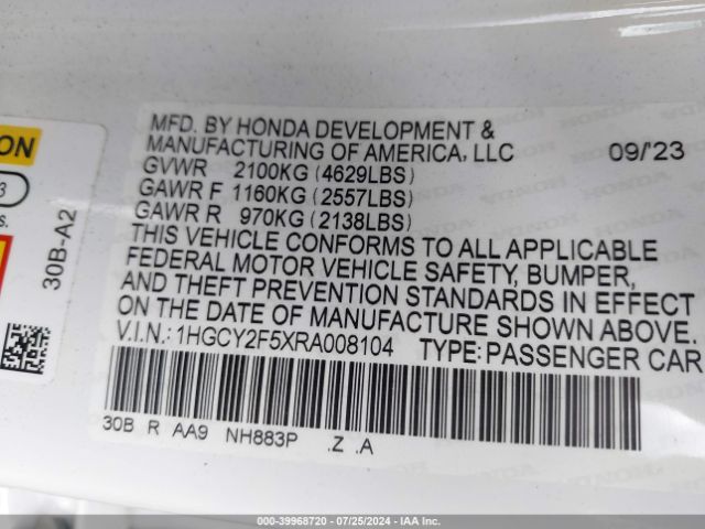 Photo 8 VIN: 1HGCY2F5XRA008104 - HONDA ACCORD 